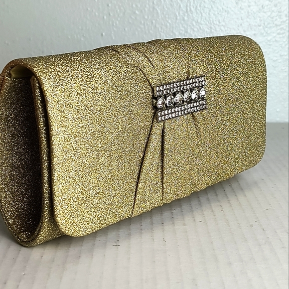 Exquisite Satin Evening Clutch Bag Snap Closure  Shimmer Gold Rhinestone Party - Picture 1 of 9